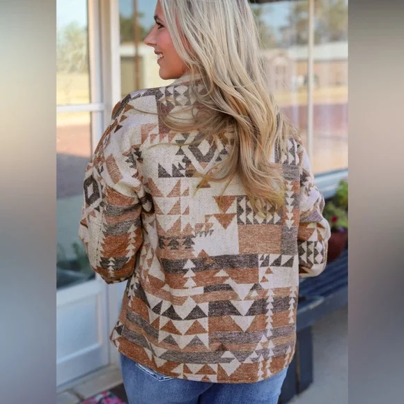 Camel aztec boho Geo print shacket Drop Shoulder Coat